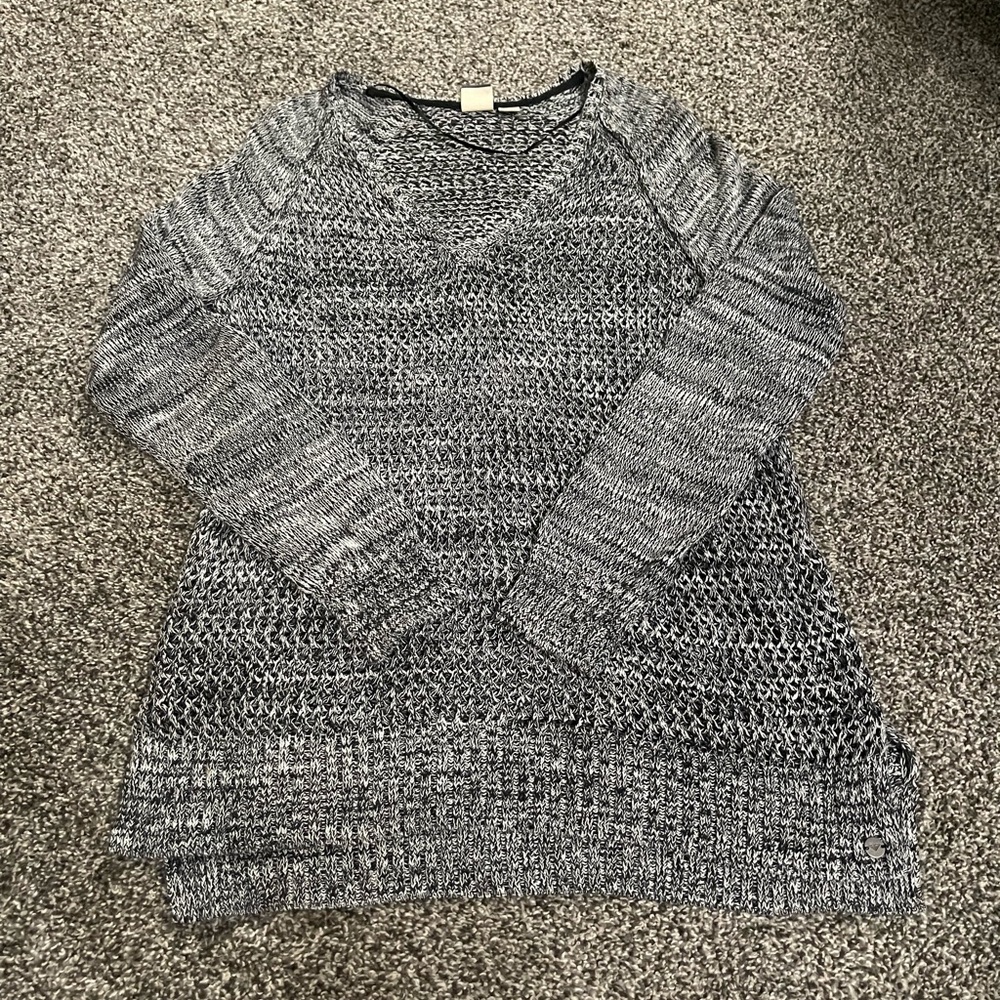 Roxy Heather Gray Knit Sleeve Crochet Long Sleeve V Neck Sweater M Junior’s